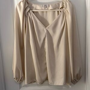 LOFT Cream V-Neck Long Sleeve Blouse with Gathered Shoulders